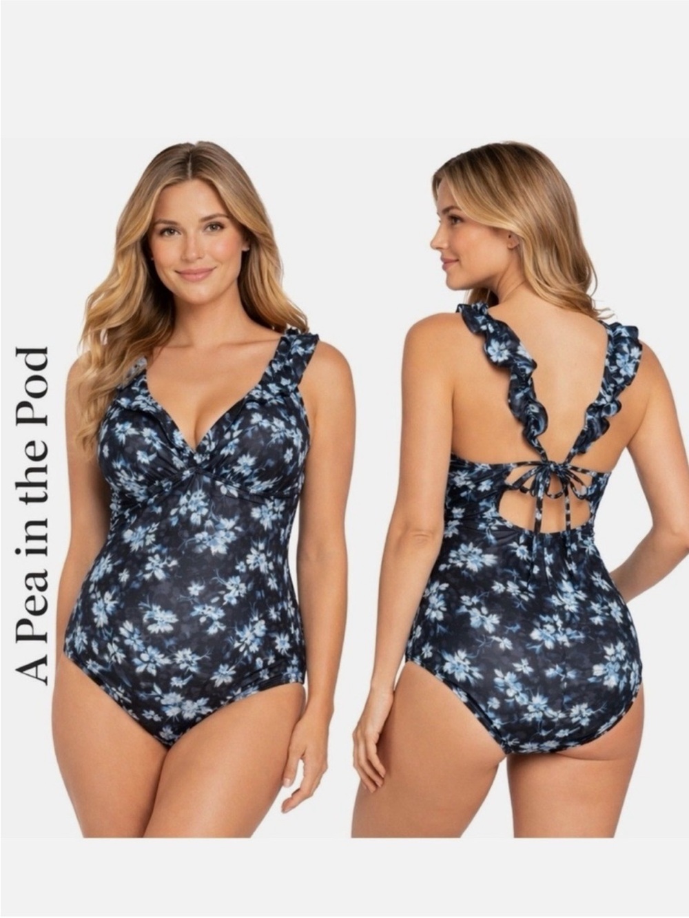 A Pea in the Pod Blue Floral Ruffle Maternity One Piece Swimsuit Size M NWT